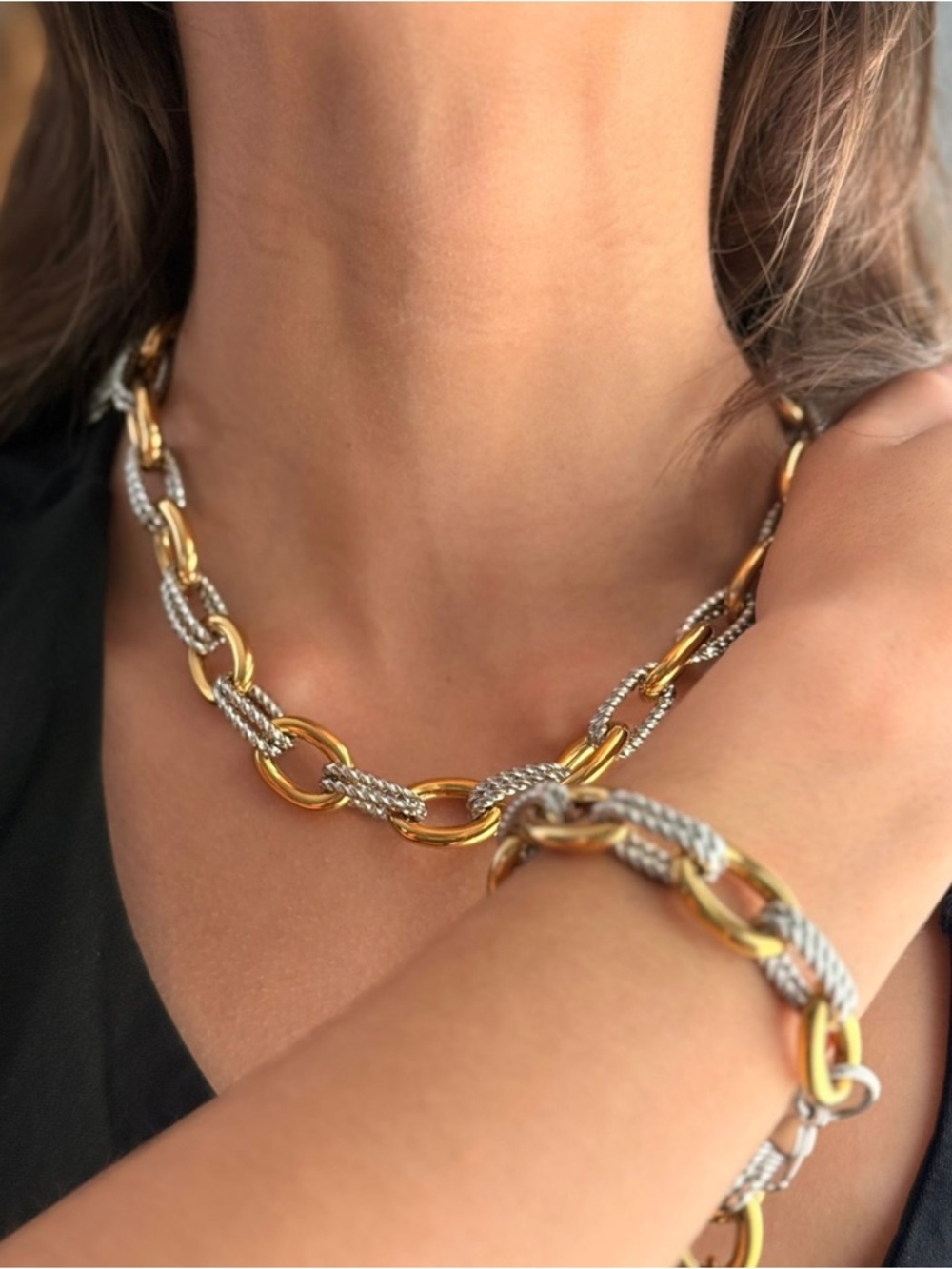 Two-Tone Gold & Silver Chain Necklace and Bracelet Set - Women Jewelry Set